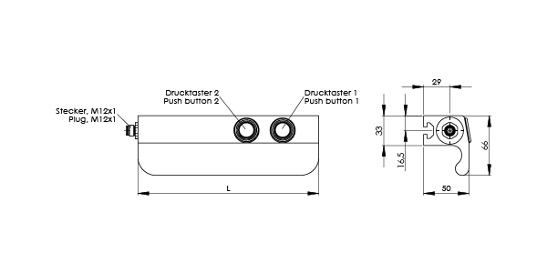 Technical line drawing of TG2 ledge handle switch housing with two push buttons and M12x1 plug showing front and side views with dimensional measurements